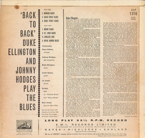 Duke Ellington - Back To Back (Duke Ellington And Johnny Hodges Play The Blues) vinyl record